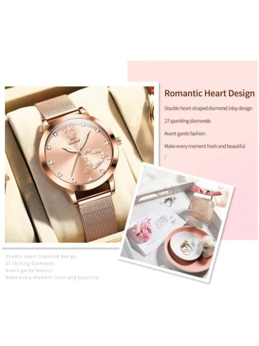 Stylish Rose Gold Women's Watch - Mesh Strap, Waterproof, Luminous, Heart Design